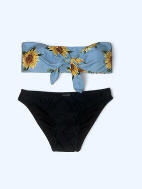 Blue Sunflower Bandeau Bikini Top with Black Bottom